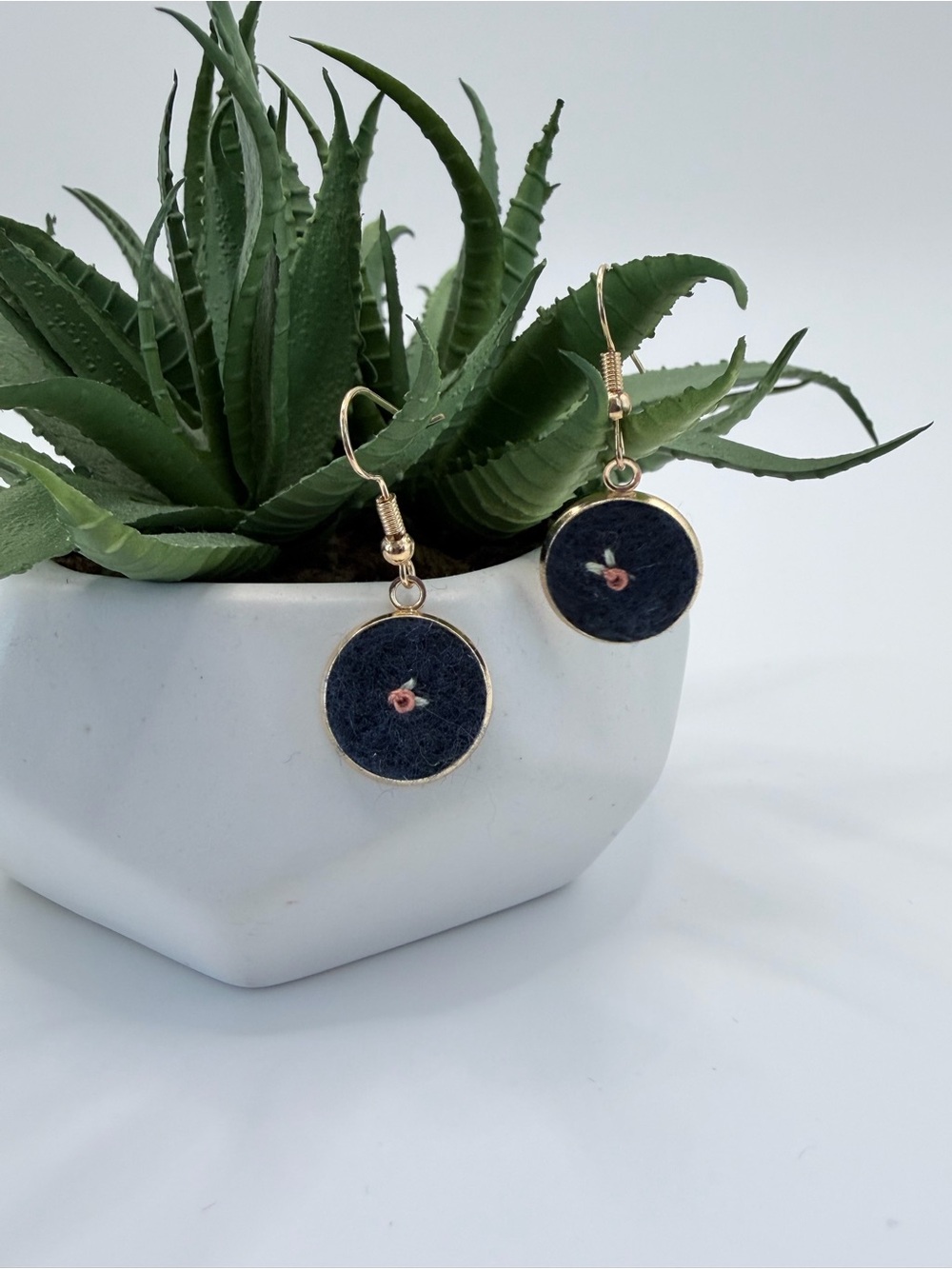 Miniature embroidered rose felt earrings